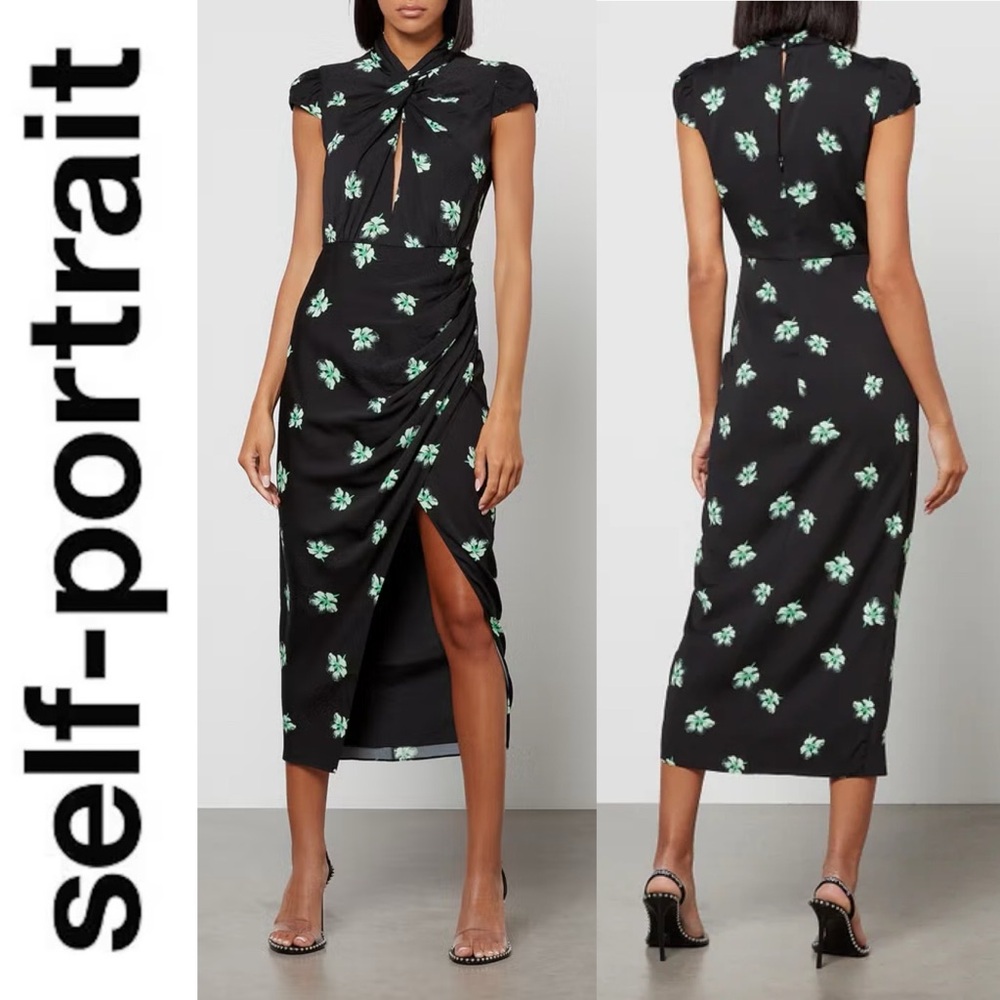 Self-Portrait Floral Print Ruched Stretch Crepe Midi Dress US 0 Black Midi Boho